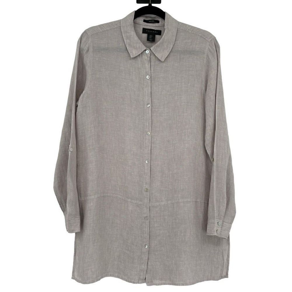 Tahari 100% Linen Button Front‎ Roll Tab Sleeves Tunic Tan Small